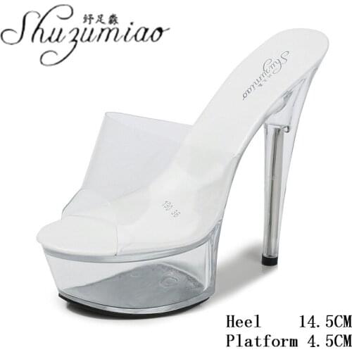 Large Size Model Stilettos Ladies Walking Show Striptease Party Club Crystal Shoes Transparent Sexy 14CM Super High Heel Slipper