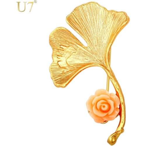 U7 Vintage Leaf Women Brooches Wholesale Mens Gold Color Lucky Jewelry New Trendy Pink Flower Pin Ginkgo Brooches B102