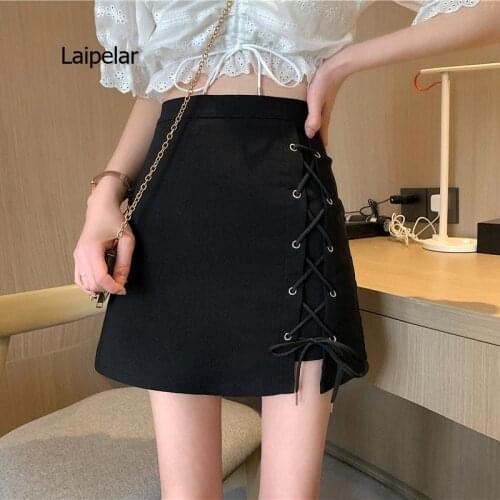 Skirts Women Summer A-line Mini Lace-up High-waist Black Sweet Womens Elegant All-match Korean-style Simple Trendy Asymmetrical