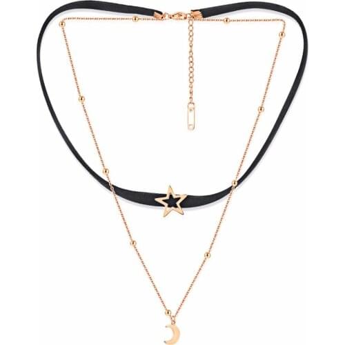 Fashion Love Chain Moon Star Velvet Rope Chokers Necklace Rose Gold Color Stainless Steel Women Party Christmas Gift