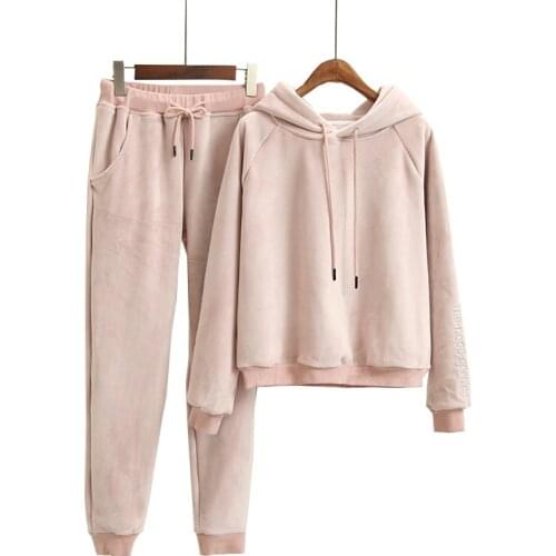 2020 Autumn Women Hoodies Hooded Long Sleeve Women Pink Hoodies Suits Elastic Pants Two Pieces Women Warm Pullovers
