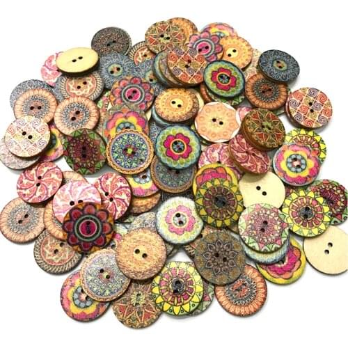 100pcs/Bag Round Assorted Floral Printed Wooden Decorative Buttons for DIY Sewing Crafts Color Random Accessories