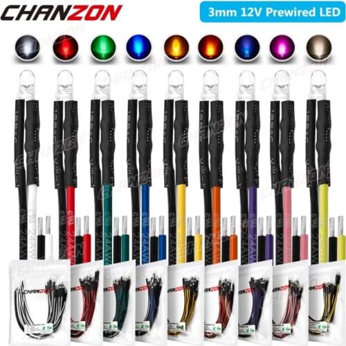 20pcs 3mm Prewired LED Light Emitting Diode DC 12V Warm White Red Green Blue Yellow Orange UV Pink Pre Wired Cable Lamp Bulb