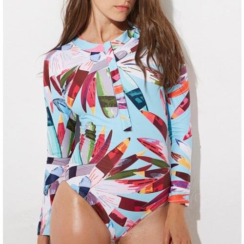 2018 Hot USA Sexy Zipper Swimwear One Piece Swimsuit Women Print Bathing Surfing Suits Lady Sun-protection Long Sleeve Swim Wear