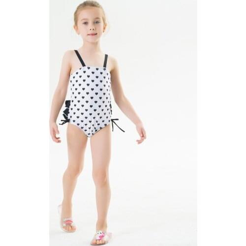 2020 Baby Girl’s Sweet Heart Print One-Piece Heart Printed Swimsuit with Swim Hats Fashion Bow Ruffles Suspender Swimsuits