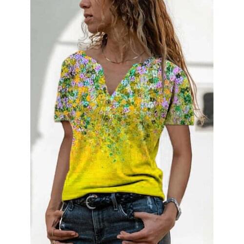 2021 Summer New Button Casual Print T-shirt V-neck Female Loose Plant Printed Tops Girl Vintage Tees Oversized S-5XL