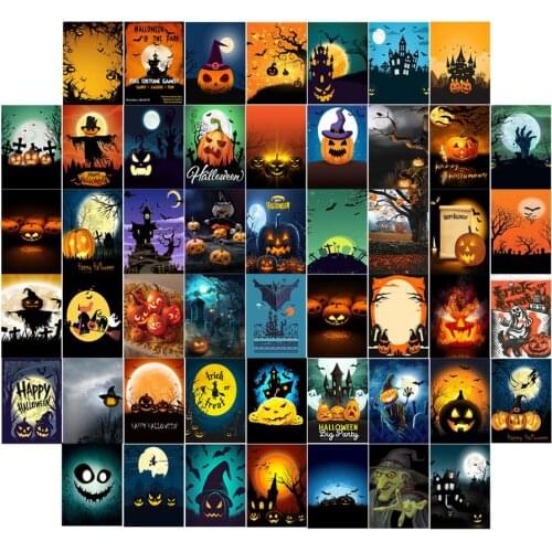 50PCS Wall Stickers Decals Halloween Theme Postcard Collage Set Wallpaper For Home Nursery Dormitory Room Decoration 10*15 cm