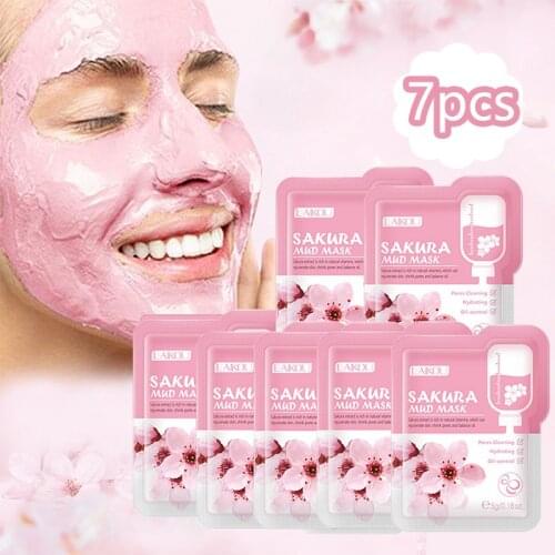 7PCS Japan Sakura Mud Facial Cleansing Mask Shrink Pores Whitening Moisturizing Oil-Control Anti-Aging Face Clay Mask Skin Care