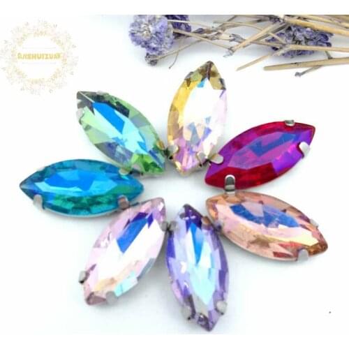 Dazzle AB color Horse eye shape Glass Crystal sew on rhinestones with holes Diy Clothing accessories 7*15mm 20PCS