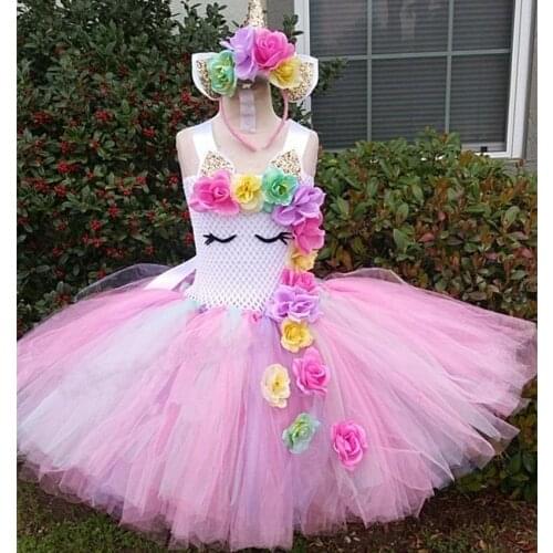 Girls Flower Unicorn Tutu Dress Kids Rainbow Tulle Dress with Hairbow Children Birthday Party Cosplay Costume Cartoon Dresses
