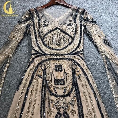Rhine Real Big Long Sleeves Champagne with Dark Blue Beads Full Luxuriou Evening Dress Long Formal Dresses вечернее платье 2021