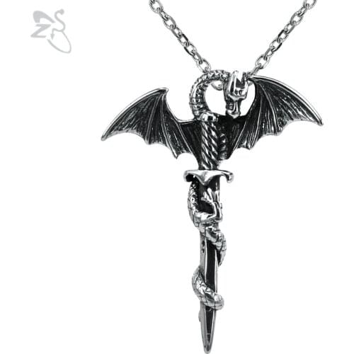 Dragon Sword Necklace With Pendant Wings Choker Biker Iron Unique Shape Silver Color Long Chain Fashion Necklace Rocking For Men