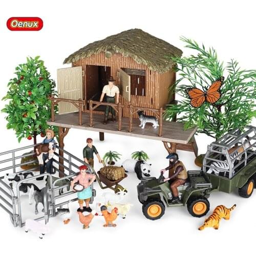 Oenux Farm House Model Action Figures Farmer Motorcycle Cow Hen Pig Animals Set Figurine Miniature PVC Cute Educational Kids Toy