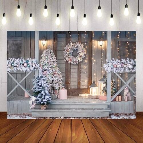 Photography Background Winter Christmas Flash Gift Retro Vintage Wood Door Decoration Christmas Tree Backdrops Photo Studio