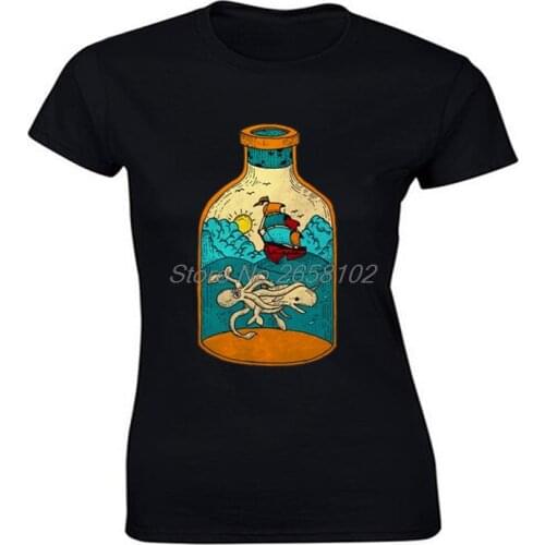 Bottle Summer Time women T Shirt Novelty Design Vintage Painting Cartoon Ship Octopus Sea Whale Print Black T-shirt Streetwear