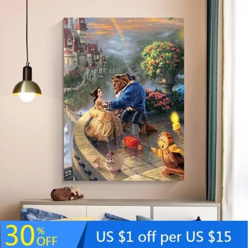 Beauty and the Beast Disney Canvas Paintings Cartoon Watercolor Posters 5D Prints Art Wall Pictures for Kids Gift Room Decor