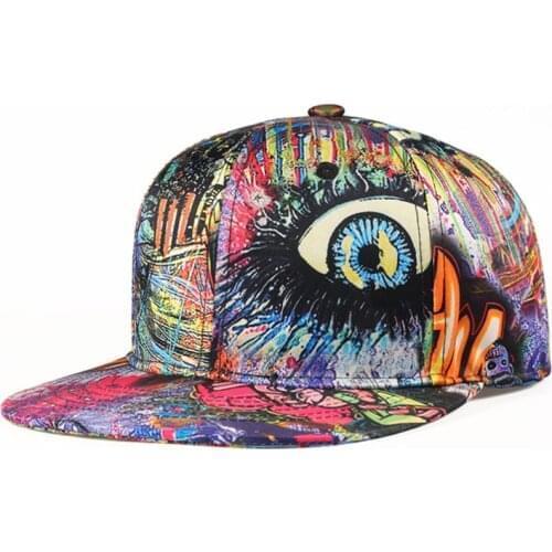 Hip-hop hat rebound cap irregular pattern female 3D graffiti tie-dye flat brim baseball cap mens hat big eyes pattern 2021