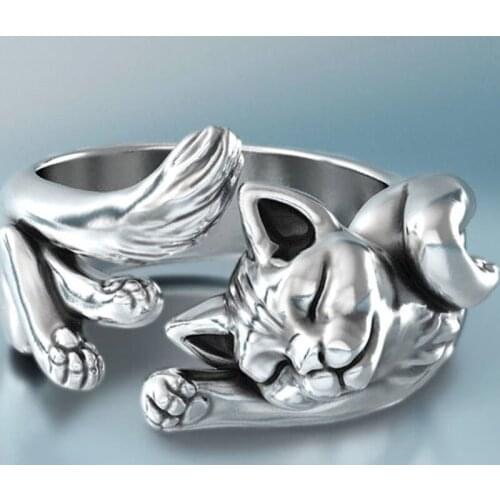 Cute Silver Color Cat Finger Ring Fashion Jewelry Animal Rings For Women Girl Gifts Open Adjustable Ring anillos mujer D5T608