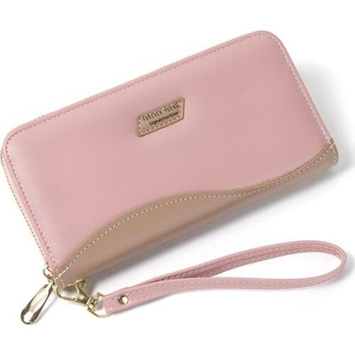 Women High Quality Contrast Color Pu Leather Wallet Ladies Long Zipper Coin Purse Wrist Strap Clutch Bag Credit Card Holder