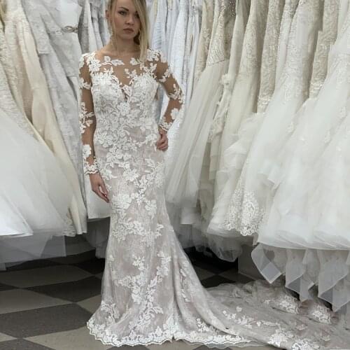 Dark Skin Long Sleeves Mermaid Lace Wedding Dress Applique Customized Made Bridal Dress vestido de noiva sereia