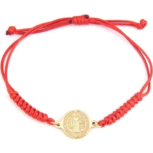 Metal San Benito Bracelet Stainless Steel St Benedict Medal Bracelets For Women Men Braided Cotton Cord Bracelets Adjustable