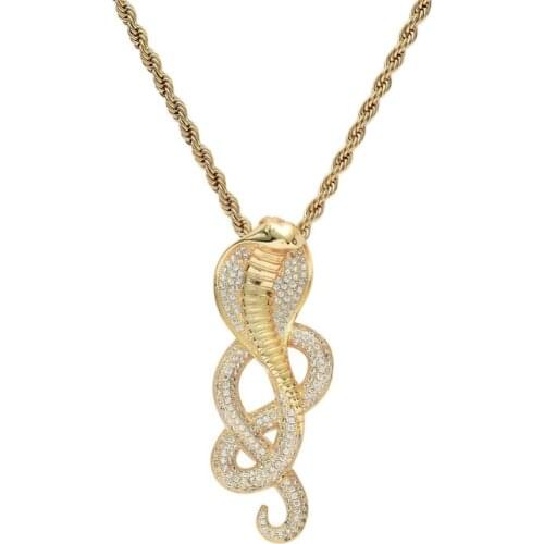 Micro Paved AAA Cubic Zirconia Bling Iced Out Cobra Snake Pendants Necklace for Men Hip Hop Rapper Jewelry Gold Color