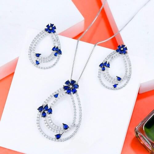 Missvikki High Quality Prong Setting CZ Fashion 2PCS Dangles Earrings Necklace Set women Blue CZ Zircon brincos boucle d'oreille