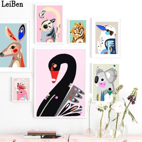 Cartoon Colorful Animals Illustration Tiger Koala Kangaroo Bird Swan Canvas Painting Wall Art Poster Prints for Kids Room Decor