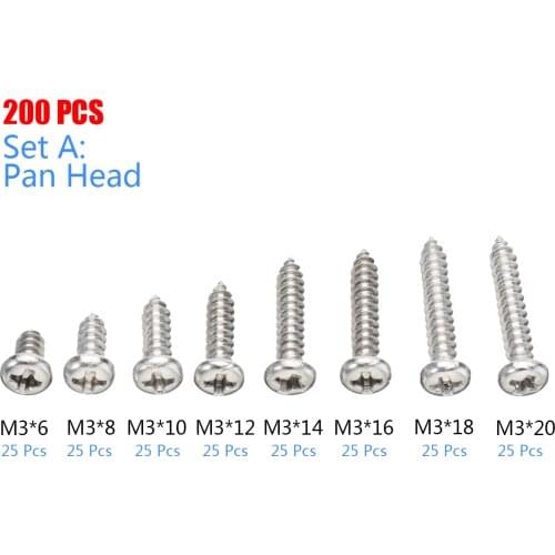 200Pcs/Lot M3 Stainless Steel Flat Head Screws Kits High strength Self-Tapping Screws Assortment Set For Hardware Accessories