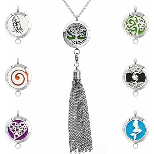 Feather Mermaid 25mm Diffuser Necklace 316L Stainless Steel Essential Oil Perfume Lockets Pendant Necklace with Tassel 10pads
