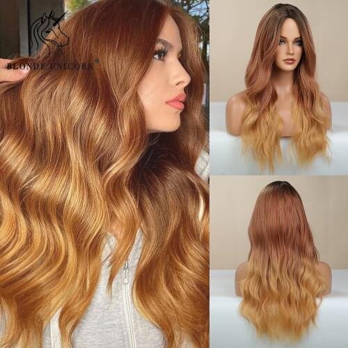 BLONDE UNICORN Long Wavy Hair Wig Dark Brown Root Ombre Blonde Brown Daily Natural Synthetic Wig for Women Heat Resistant Fiber
