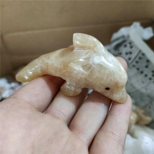 Hand Carved Natural Quartz Crystal Figurine Orange Calcite Dolphin Animal Crafts Healing Crystal Stone Home Decora