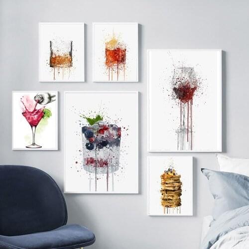 Self Adhesive Wall Stickers Cake Wine Coaktail Poster Splash Effect Abstract Food Print Wall Picture Modern Living Room Decor