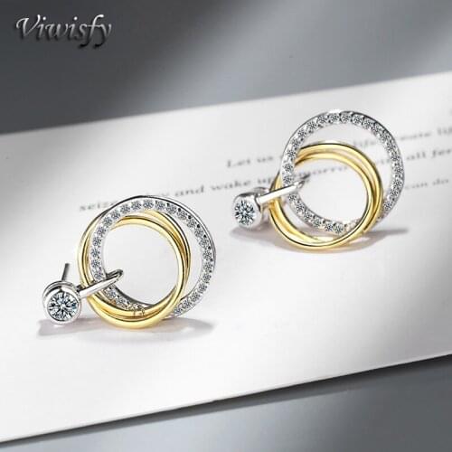 Viwisfy Three Circle Crystal Stud Earrings Jewelry Solid 925 Sterling Silver Earrings For Woman VW21059