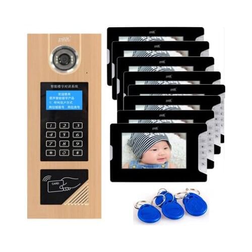 XinSiLu Visual building intercom system doorbell 7" Video Door Phone w/t Inductive and Password Unlocking for 8-apartments