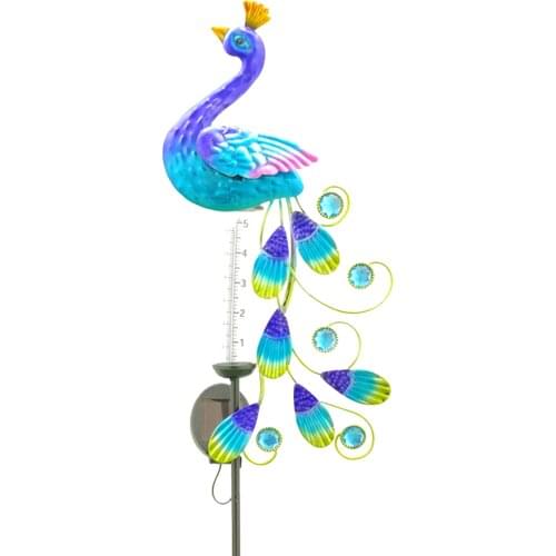 Solar Powered LED Lighted Metal Peacock Rain Gauge Garden Stake