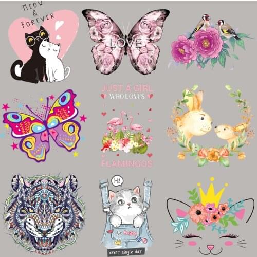 Girl Love Animal Stickers Patch Appliqued Vinyl Diy Tops Heat Transfer Fashion Iron On Patches Heat Print On T-Shirt Birds Cat