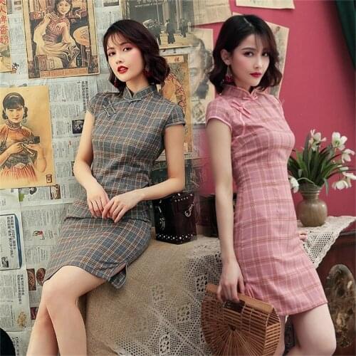 Women Oriental Split Plaid Cheongsam Elegant Slim Chinese Traditioanl Vintage Short Sleeve Evening Party Dress Sexy Mini Qipao