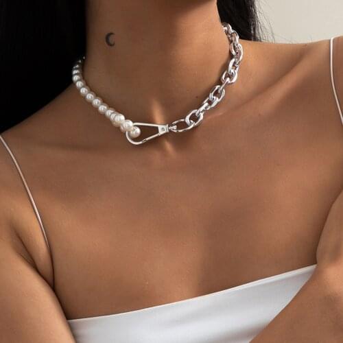 American Retro Pearl Necklace Women Chain Splicing Pendant Clavicle Chain Hip Hop Street Alloy Statement Choker Jewelry Gift