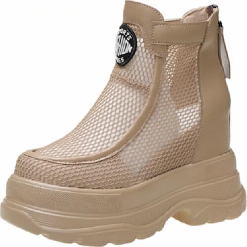 Boots Women Plush Shoes Middle Lace-Up Thick Sole 7cm High Padded Boots Round Toe Shoes Outdoor Leather Winter Female Shoes