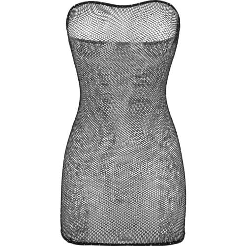 Women Sexy Tube Dresses Shiny See Through Fishnet Sheer Exotic Babydoll Lingerie Stretchy Strapless Bodycon Mini Dress Hosiery