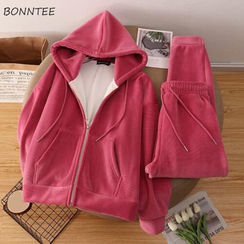 Womens Set 2 Piece Plus Velvet Thicken Solid Hooded Pockets Tops Full Length Drawstring High Waist Casual Pants Korean Style Ins