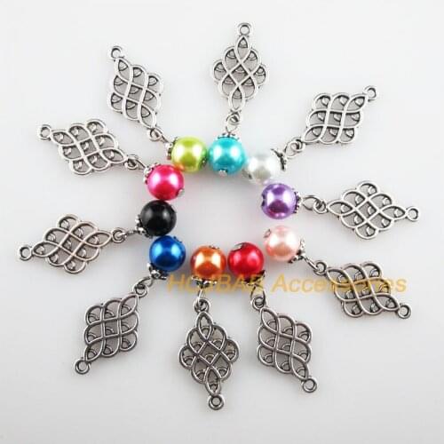 10 New Flower Charms Mixed Glass Beads Chinese knot Pendants Tibetan Silver 14x37mm