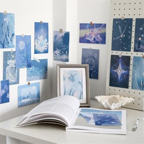 15Pcs Ins Style Blue Theme Fantasy World Starry Sky Paper Card Wall Stickers for Photography Props Room Decoration Accessories
