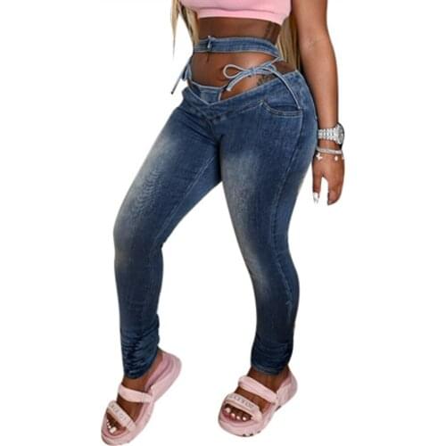 2021 Women High Waist Hollow Out Lace Up Denim Pencil Pants Female New Sexy Party Long Trousers StreetWear Jeans
