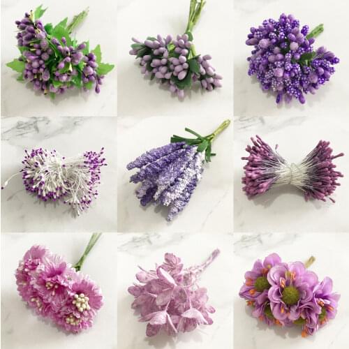 6/8/10/12/50/70/90pcs Mix Purple Flower Cherry Stamen Berries Bundle DIY Christmas Wedding Cake Gift Box Wreaths Decor