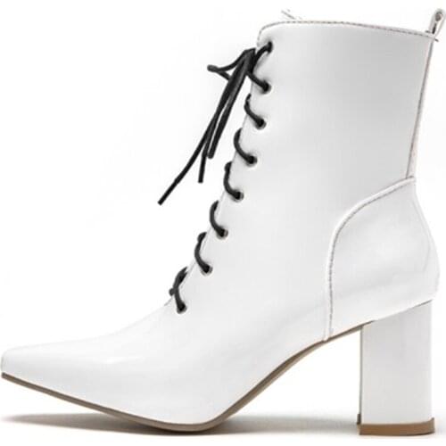 Plus Size 47 Autumn Winter Ankle Boots For Women Patent Leather Waterproof Short Boots Fashion Lace-up Red White Motorcycle Boot