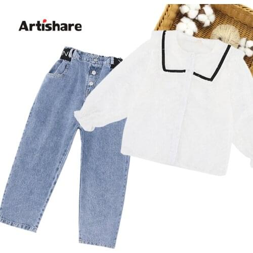 Kids Clothes White Blouse + Jeans Girl Clothes Casual Style Girl Clothing Spring Autumn Childrens School Clothes