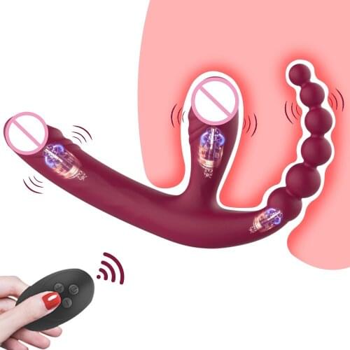 Three-motor Wearable Dildo Vibrator Remote Control Simulation Penis Lesbian Masturbator G-spot Vaginal Stimulator Anal Beads