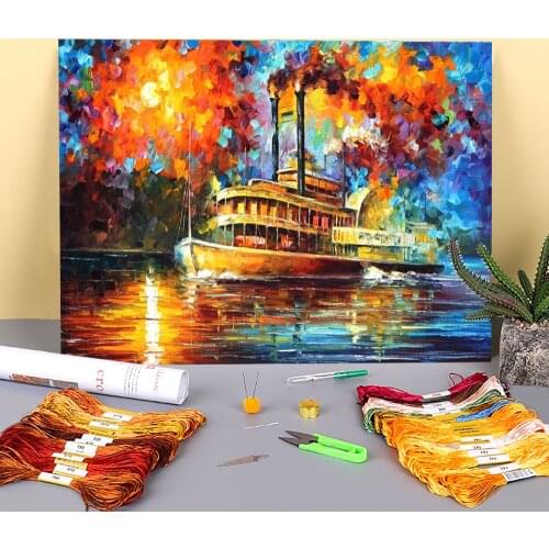 Oil Painting Style Steamboat Printed Canvas 11CT Cross Stitch DIY Embroidery Kit DMC Threads Handmade Knitting Magic